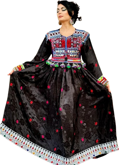 Black Afghani Kuchi dress with traditional embroidery and vibrant patterns, showcasing Afghan cultural style and craftsmanship