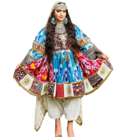 Afghani multi-color dress with traditional embroidery, showcasing vibrant patterns and cultural craftsmanship