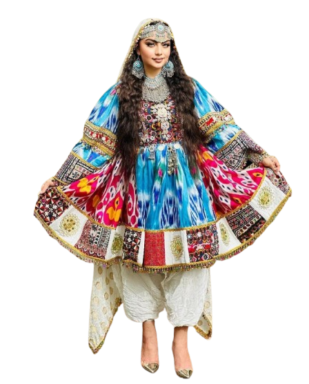 Afghani multi-color dress with traditional embroidery, showcasing vibrant patterns and cultural craftsmanship