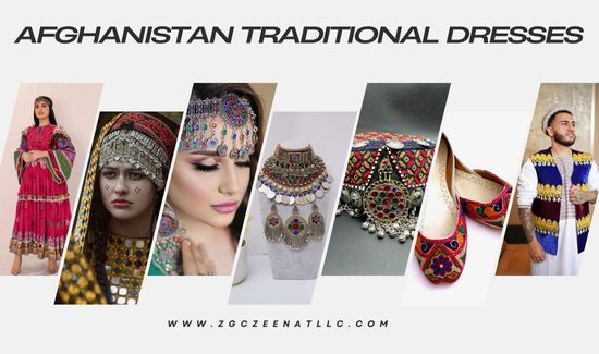 Afghan women and men in traditional Afghanistan dresses showcasing regional attire with intricate designs and vibrant colors.