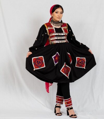 Afghani Kuchi black dress by ZGCzeenat featuring traditional Afghan embroidery, perfect for cultural events and formal occasions, combining elegance and heritage.