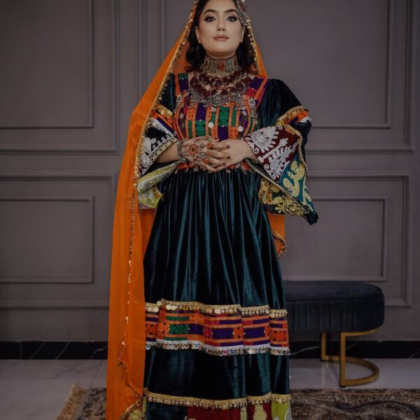 Handmade Afghani Kuchi dress by ZGCzeenat featuring traditional Afghan embroidery, perfect for cultural events and formal occasions with a unique, elegant design