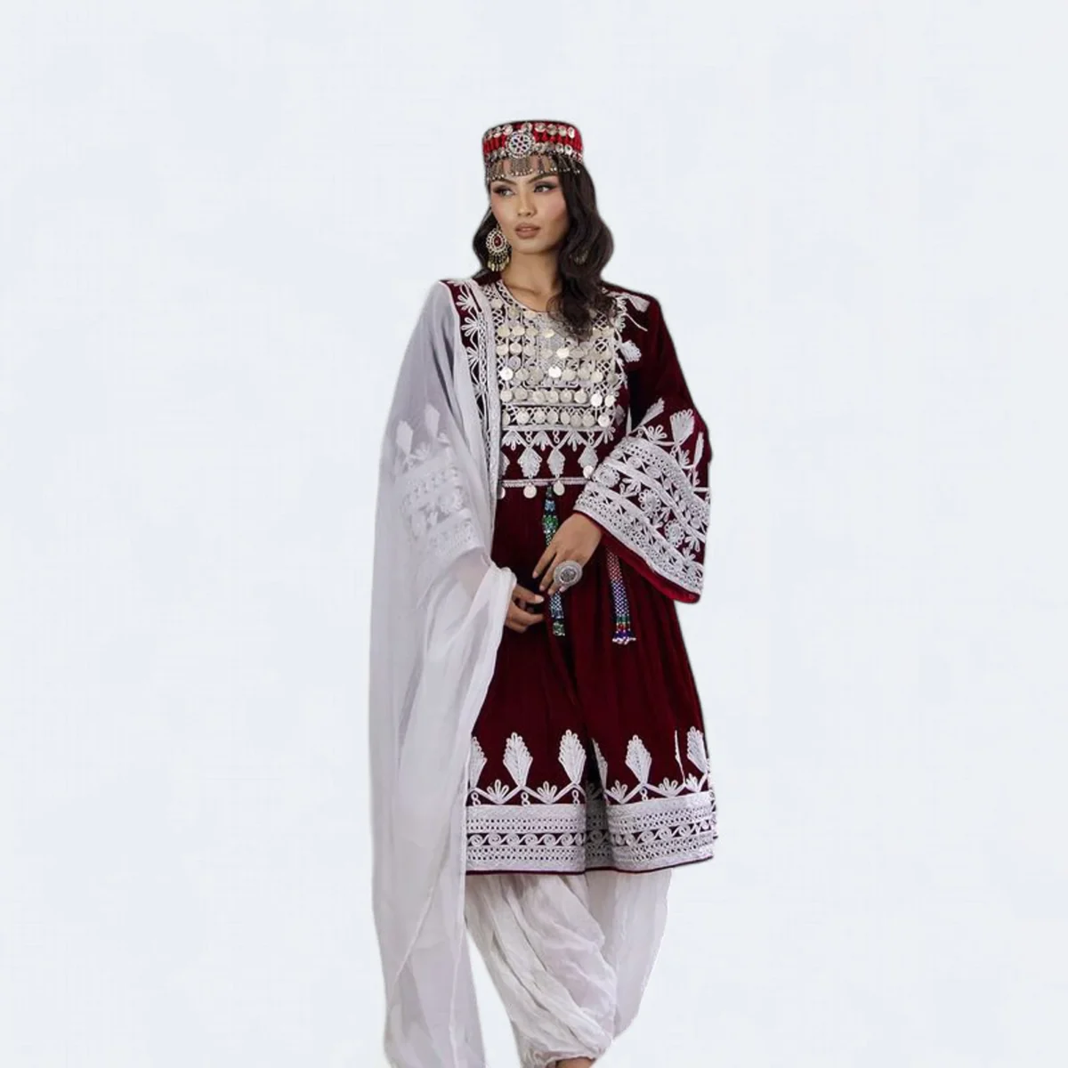 Afghani velvet dress by ZGCzeenat, featuring luxurious fabric, traditional Afghan design, and elegant hand embroidery for women.