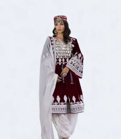 Afghani velvet dress by ZGCzeenat, featuring luxurious fabric, traditional Afghan design, and elegant hand embroidery for women.