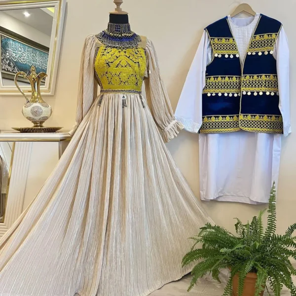 Matching Afghani couple dress set by ZGCzeenat with traditional Afghan embroidery and vibrant patterns, perfect for cultural events and celebrations.