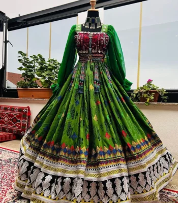 Afghani bridal green dress by ZGCzeenat with traditional embroidery, perfect for weddings and cultural events, showcasing vibrant Afghan craftsmanship.