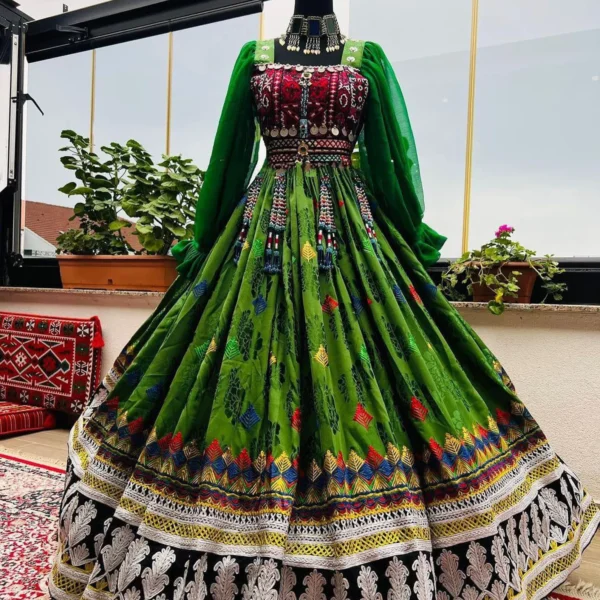 Afghani bridal green dress by ZGCzeenat with traditional embroidery, perfect for weddings and cultural events, showcasing vibrant Afghan craftsmanship.