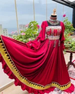 Stunning Afghani red dress by ZGCzeenat with traditional embroidery, perfect for cultural events and special occasions, showcasing Afghan craftsmanship.