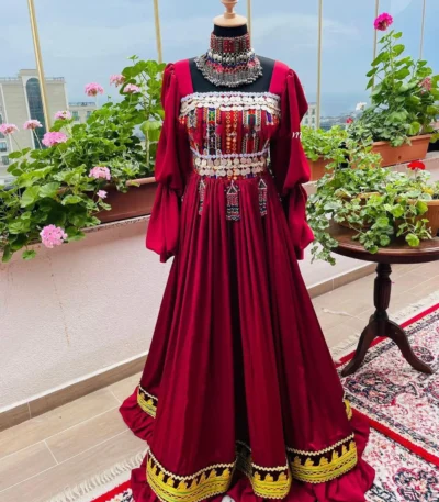 Stunning Afghani red dress by ZGCzeenat with traditional embroidery, perfect for cultural events and special occasions, showcasing Afghan craftsmanship.